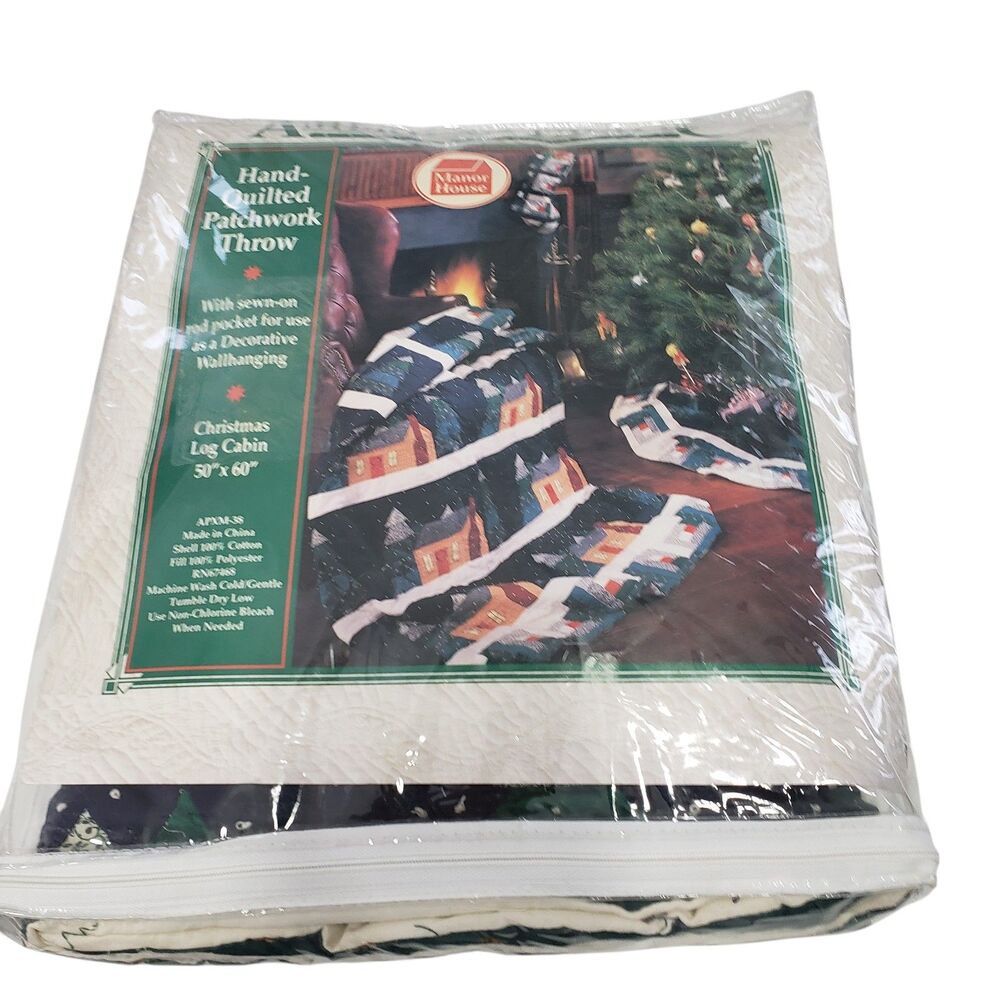 Hand Quilted Patchwork Throw, "Christmas Log Cabin" 50" x 60"